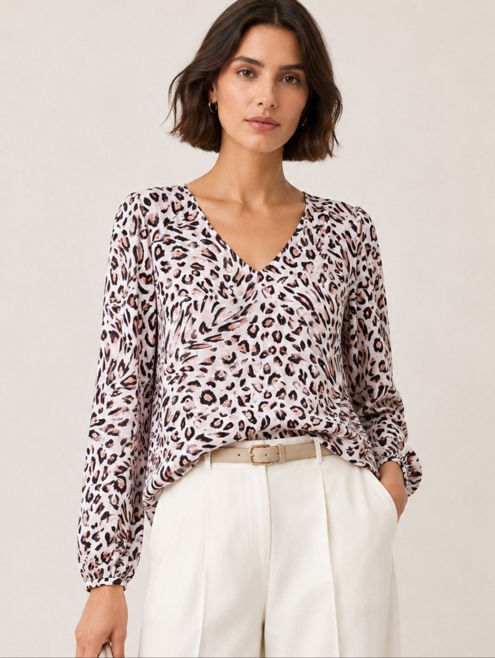 Cabi Glamour Pink leopard Print Pullover Blouse Long Sleeve 5337